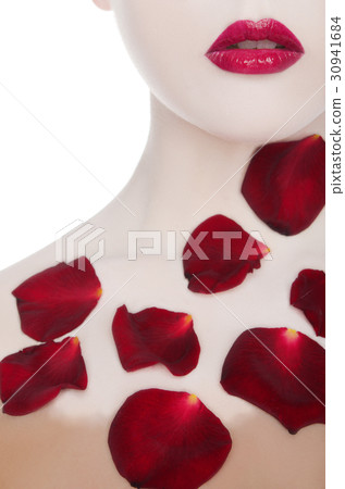 white woman with red lips and rose petals white woman with red lips and rose petals 30941684