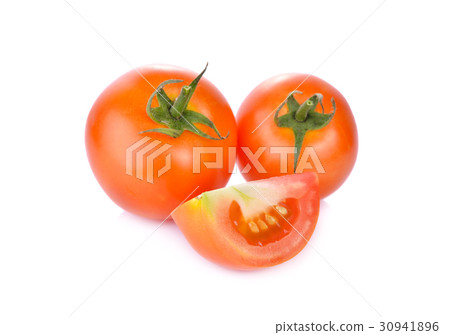 whole and portion cut fresh tomato on white 30941896