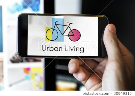 Hands Holding Smart Phone with Bike Icon Hands Holding Smart Phone with Bike Icon 30949313