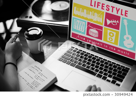Hands working on laptop network graphic overlay Hands working on laptop network graphic overlay 30949424