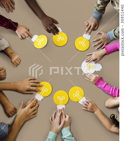 Aerial group of kids hands holding light bulb icon 30951440