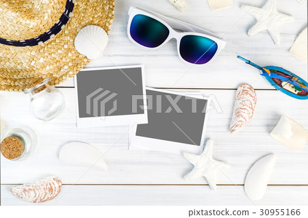 Summer Beach accessories on wood tabletop 30955166