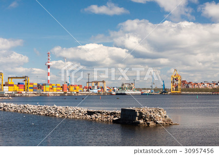 seaport with the containers which are on it seaport with the containers which are on it 30957456