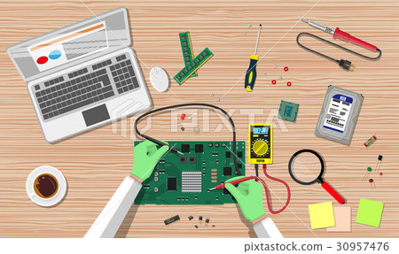 Engineer with multimeter check electronic board Engineer with multimeter check electronic board 30957476