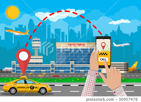 Cityscape and airport with cab, phone taxi app Cityscape and airport with cab, phone taxi app 30957478