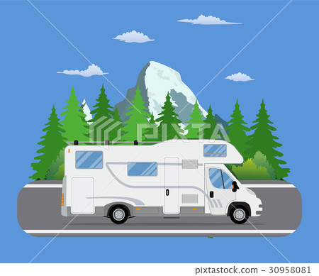 Road travel trailer driving on forest area road. - Stock Illustration ...