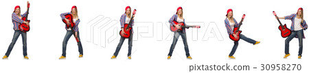 Hipster guitar player isolated on white 30958270