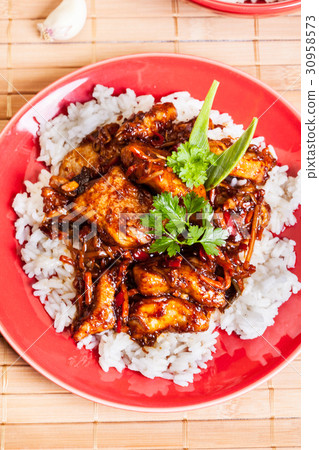 图库照片: sweet and sour pork and rice