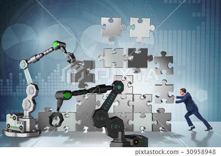 Businessman doing jigsaw puzzle with robotic arm 30958948