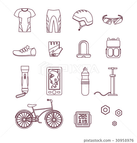 Bicycle and Accessories Thin Line Set. Sportive Bicycle and Accessories Thin Line Set. Sportive 30958976