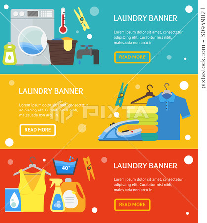 Cartoon Laundry Banner Horizontal Set. Vector 30959021