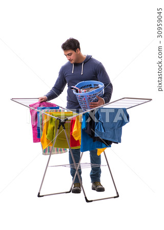 Husband man doing laundry isolated on white Husband man doing laundry isolated on white 30959045