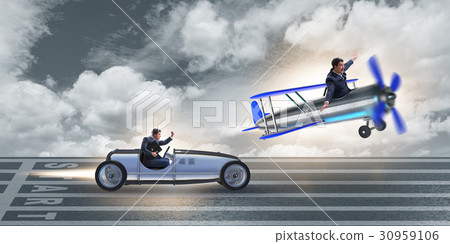 Businessman racing on car and airplane Businessman racing on car and airplane 30959106