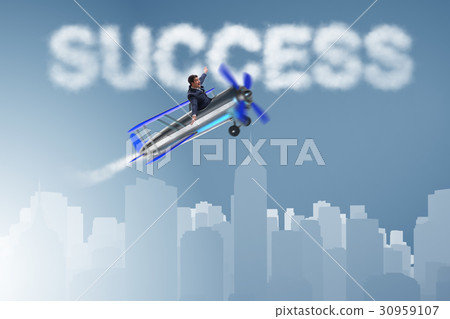 Businessman flying on airplane in success concept Businessman flying on airplane in success concept 30959107
