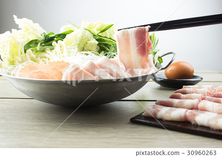 beef Pork slices, vegetables in pots for Shabu 30960263