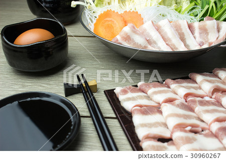 Pork slices, vegetables in pots for Sukiyaki,Shabu 30960267