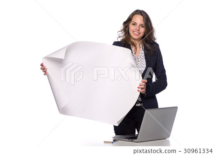 Smiling intelligent young girl showing a plan 30961334