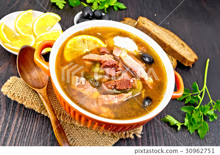 Solyanka in bowl on board Solyanka in bowl on board 30962751