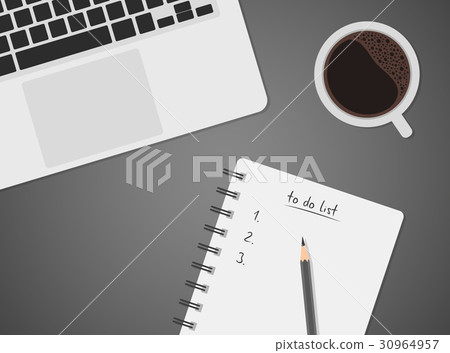 Worktable with laptop, coffee and to do list Worktable with laptop, coffee and to do list 30964957
