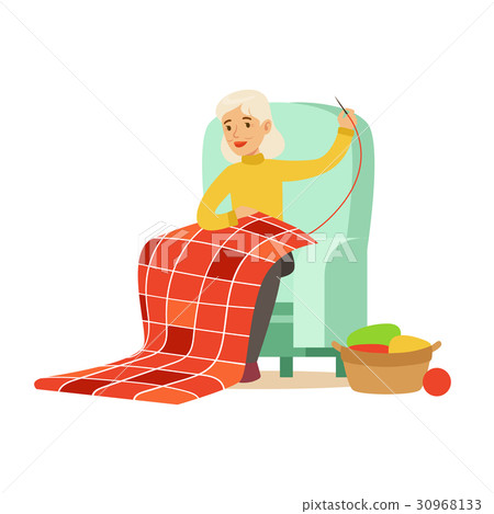 Grandmother sewing sitting in a chair. Colorful 30968133