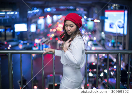 Lonely asian woman, outdoor in night 30969502