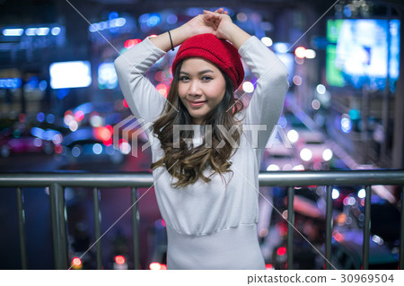 Asian woman, outdoor in night. Asian woman, outdoor in night. 30969504