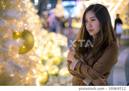 Portrait of lonely asian woman, outdoor in night 30969512