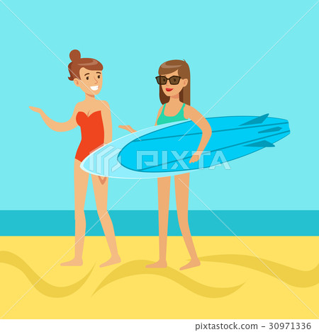 Two young women walking on the beach, girl in - Stock Illustration ...