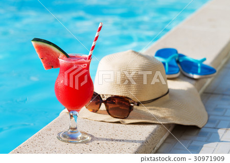 water-melon smoothie drink with sunglasses, hat water-melon smoothie drink with sunglasses, hat 30971909