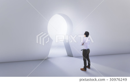 Asian Man Standing In Front of Big Lock Hole Door Asian Man Standing In Front of Big Lock Hole Door 30976249