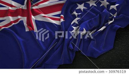 Cook Islands Flag Wrinkled On Dark Background 30976319
