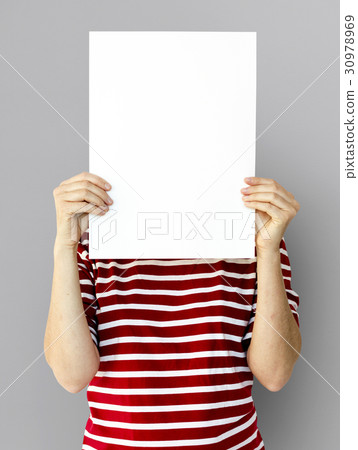 Adult Woman Hands Hold Blank Paper Board Copy Space 30978969