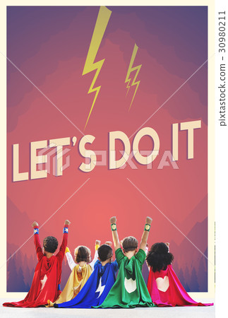 Group of superheroes kids with aspiration word graphic Group of superheroes kids with aspiration word graphic 30980211