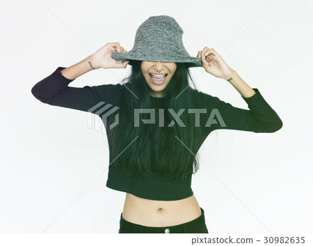Woman Cheerful Enjoyment Face Expression Studio Woman Cheerful Enjoyment Face Expression Studio 30982635