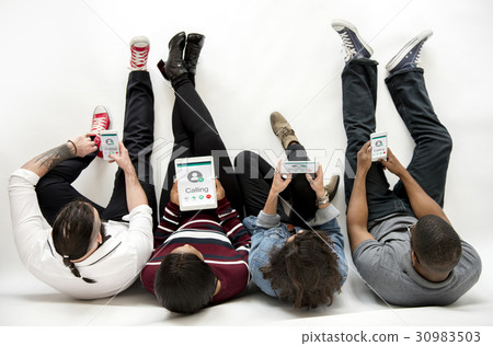 People working on network graphic overlay digital device People working on network graphic overlay digital device 30983503