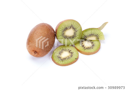Whole kiwi fruit and his sliced segments isolated Whole kiwi fruit and his sliced segments isolated 30989973