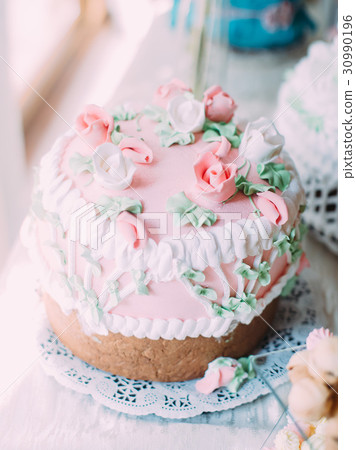 Delicious cake covered with pink freshcream and 30990196
