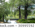 Old wooden fishing boat near the summer lake shore 30995592
