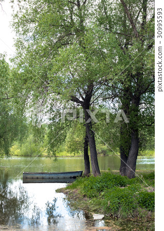 Old wooden fishing boat near the summer lake shore Old wooden fishing boat near the summer lake shore 30995593