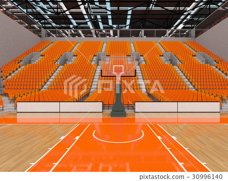 Large modern basketball arena with orange seats 30996140