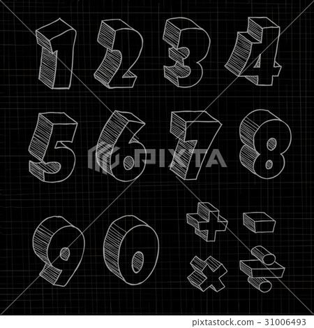 3D hand drawn numbers notations black background. 3D hand drawn numbers notations black background. 31006493