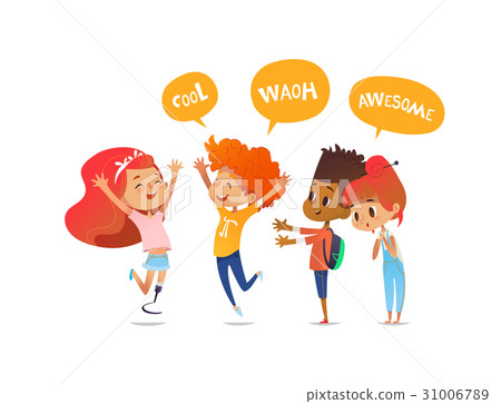 School children joyfully greet their friend with 31006789