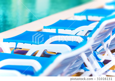 Row of beach chairs and swimming pool 31016131