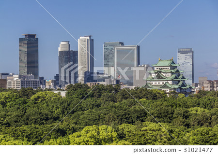 名古屋市風景新鮮的綠色名古屋城堡和摩天大樓小組 名古屋市風景新鮮的綠色名古屋城堡和摩天大樓小組 31021477