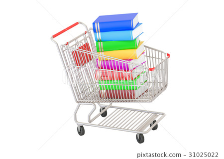 Shopping cart with books, 3D rendering Shopping cart with books, 3D rendering 31025022