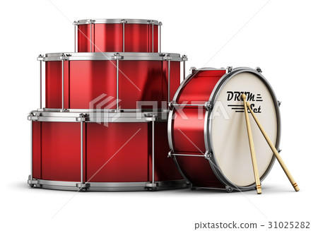 Red drum set with drumsticks Red drum set with drumsticks 31025282