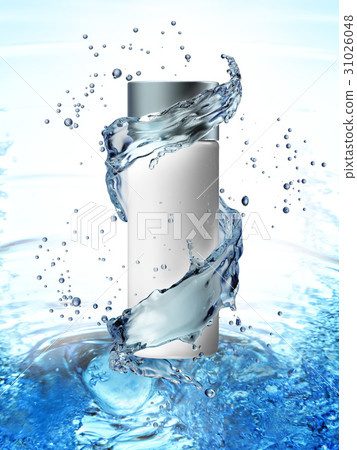 Cream bottle mock up in water splash on blue 31026048