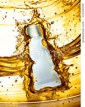 Cream bottle mock up in water splash of yellow 31026049
