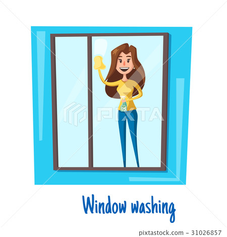 Window washing woman house cleaning vector concept 31026857
