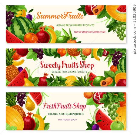 Fresh fruit cartoon banner for food, drink design 31026909